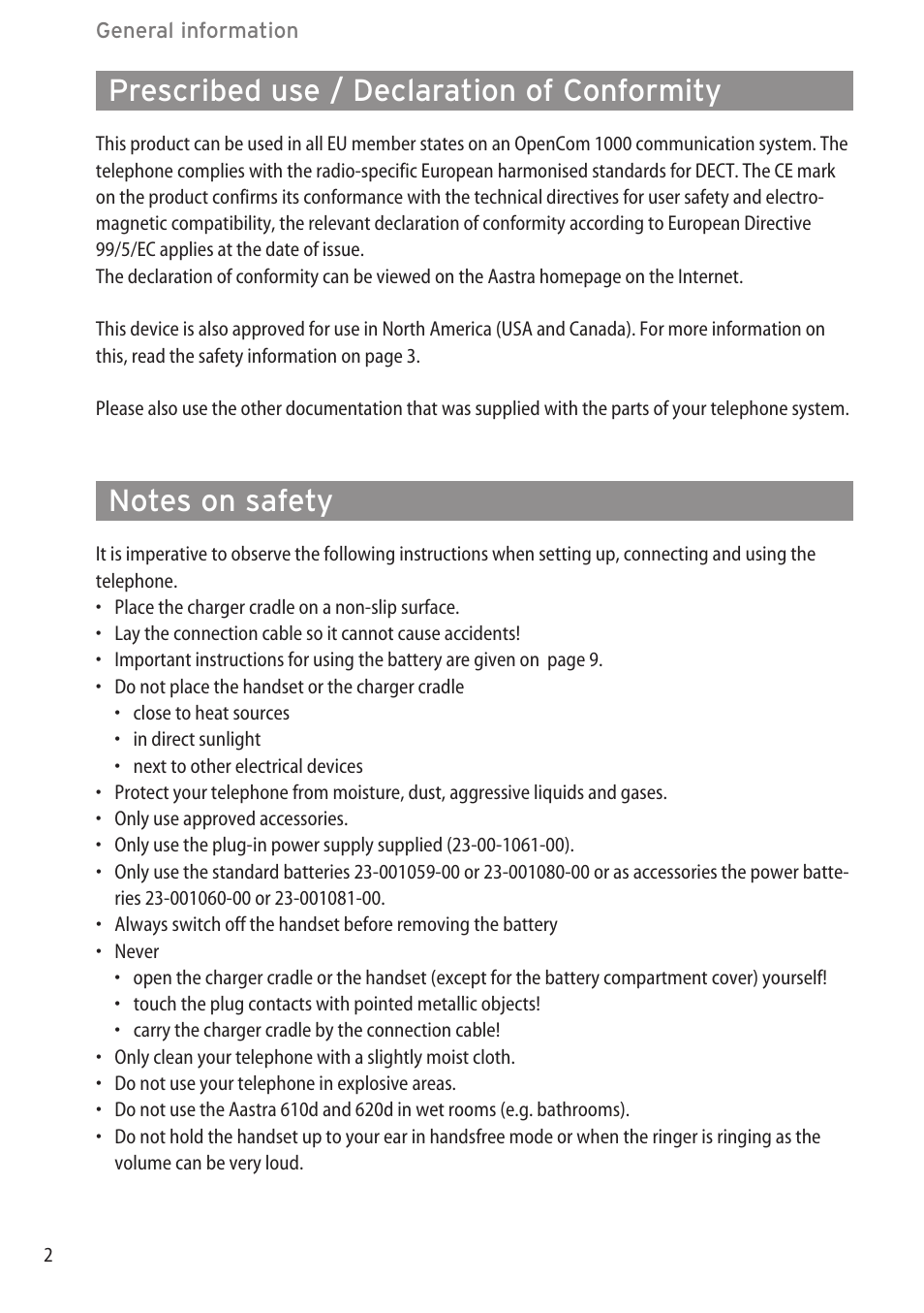 Prescribed use / declaration of conformity, Notes on safety | AASTRA 600d for OpenCom 1000 User Guide (with bookmarks) EN User Manual | Page 8 / 118