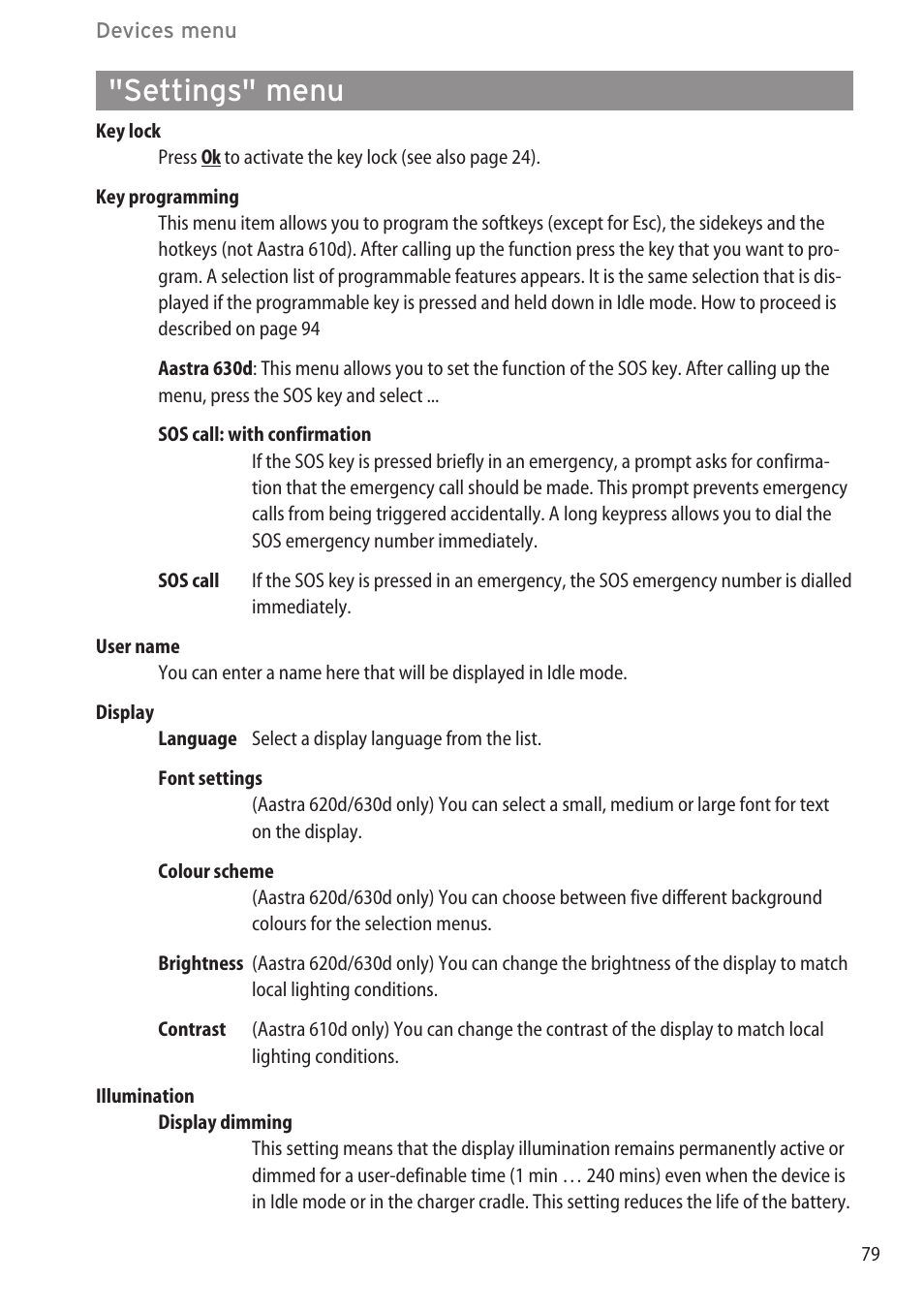 Settings" menu, System menu / main menu ………………………………………………………………72 | AASTRA 600d for OpenCom 1000 User Guide (with bookmarks) EN User Manual | Page 85 / 118