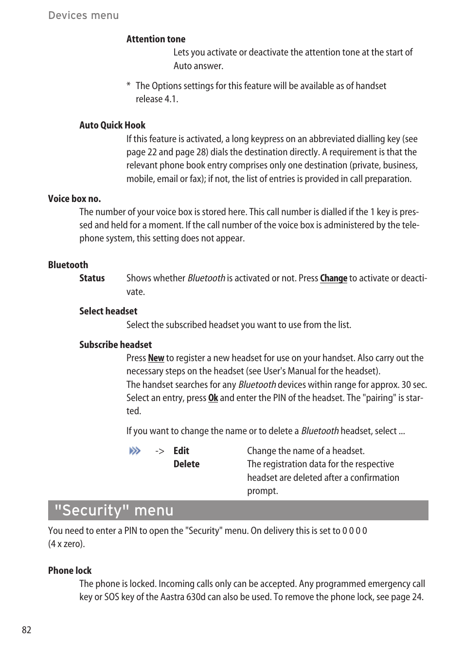 Security" menu, Settings" menu …………………………………………………………………………79 | AASTRA 600d for OpenCom 1000 User Guide (with bookmarks) EN User Manual | Page 88 / 118