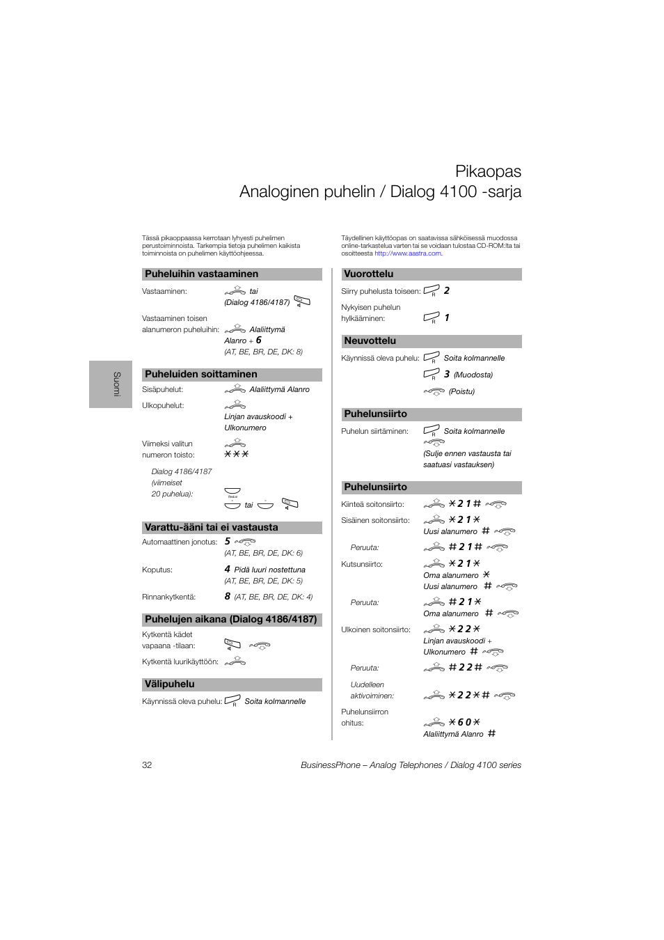 Pikaopas analoginen puhelin / dialog 4100 -sarja | AASTRA 4100 for BusinessPhone Quick Reference Guide User Manual | Page 32 / 40