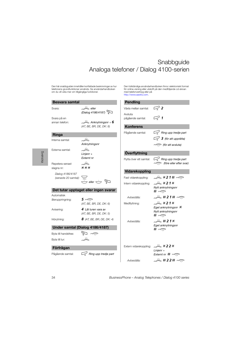 Snabbguide analoga telefoner / dialog 4100-serien | AASTRA 4100 for BusinessPhone Quick Reference Guide User Manual | Page 34 / 40