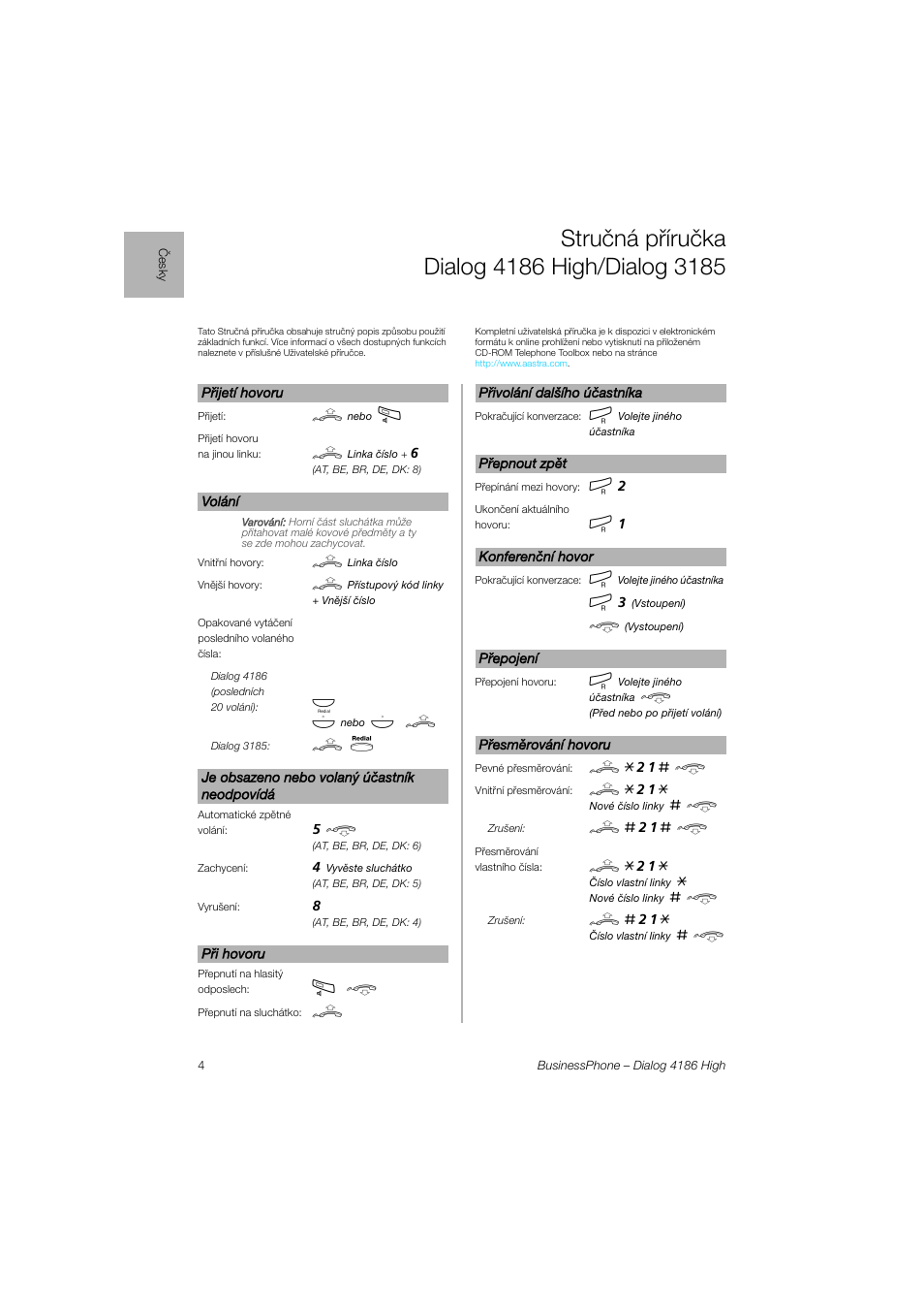 Struèná pøíruèka dialog 4186 high/dialog 3185 | AASTRA 4100 for BusinessPhone Quick Reference Guide User Manual | Page 4 / 40