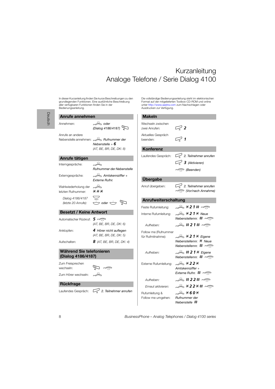 Kurzanleitung analoge telefone / serie dialog 4100 | AASTRA 4100 for BusinessPhone Quick Reference Guide User Manual | Page 8 / 40