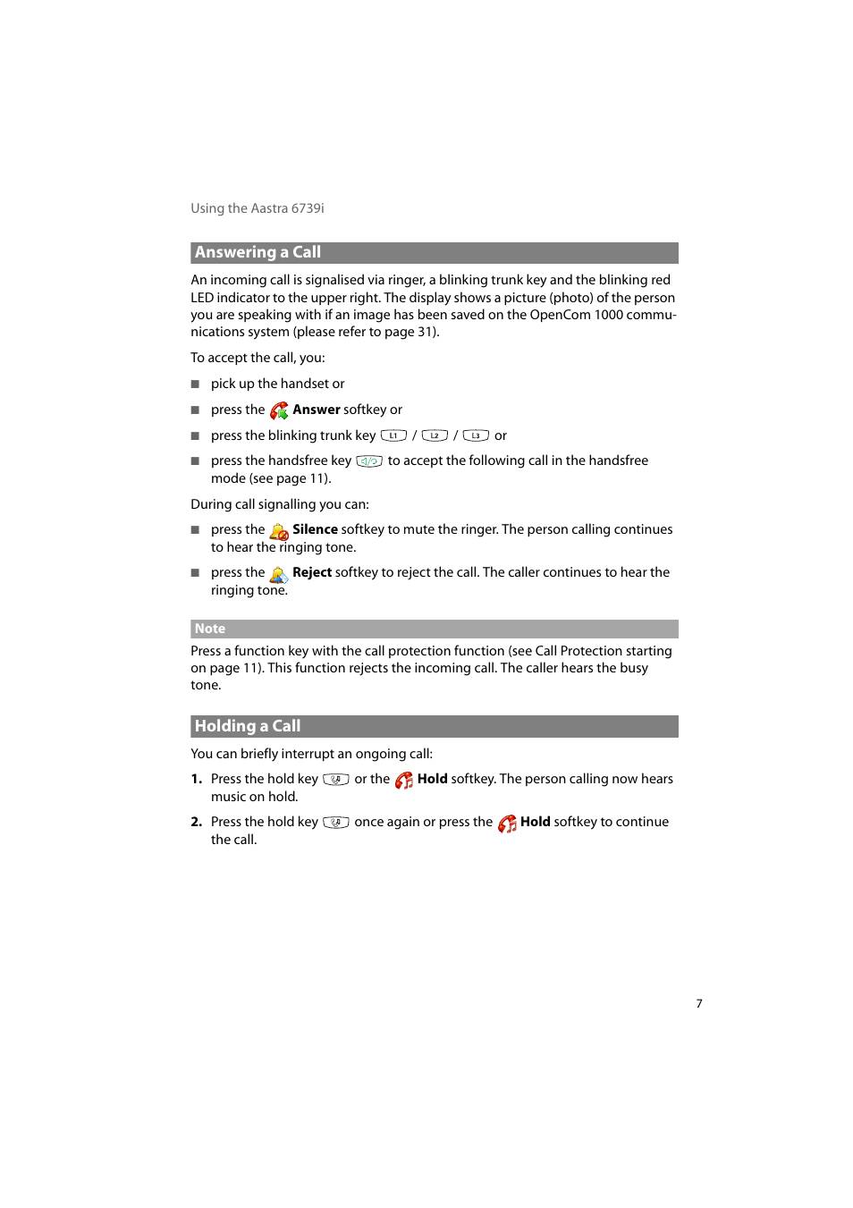 Answering a call, Holding a call, Answering a call holding a call | AASTRA 6739i for OpenCom 1000 User Guide EN User Manual | Page 11 / 40