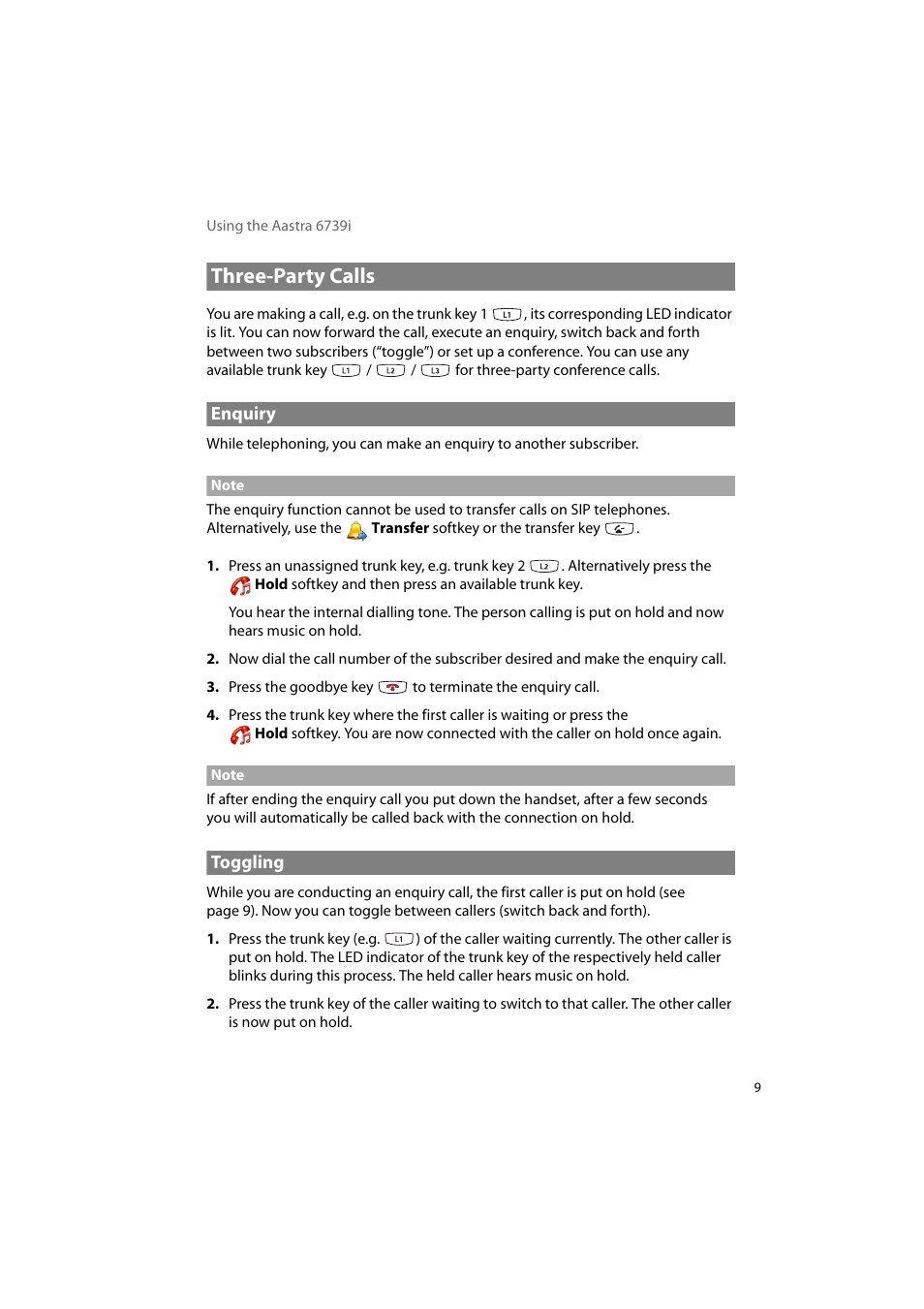 Three-party calls, Enquiry, Toggling | Enquiry toggling | AASTRA 6739i for OpenCom 1000 User Guide EN User Manual | Page 13 / 40