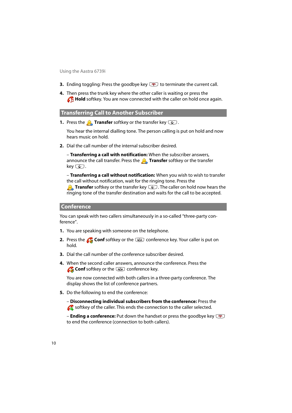 Transferring call to another subscriber, Conference, Transferring call to another subscriber conference | AASTRA 6739i for OpenCom 1000 User Guide EN User Manual | Page 14 / 40