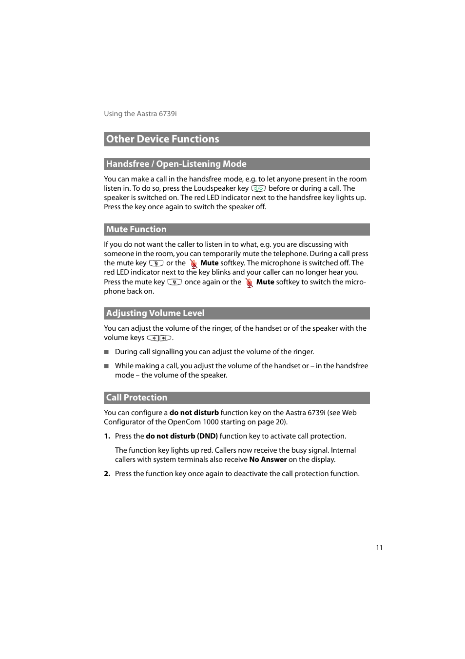 Other device functions, Handsfree / open-listening mode, Mute function | Adjusting volume level, Call protection | AASTRA 6739i for OpenCom 1000 User Guide EN User Manual | Page 15 / 40