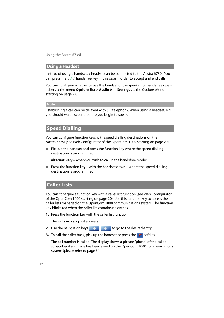 Using a headset, Speed dialling, Caller lists | Speed dialling caller lists | AASTRA 6739i for OpenCom 1000 User Guide EN User Manual | Page 16 / 40