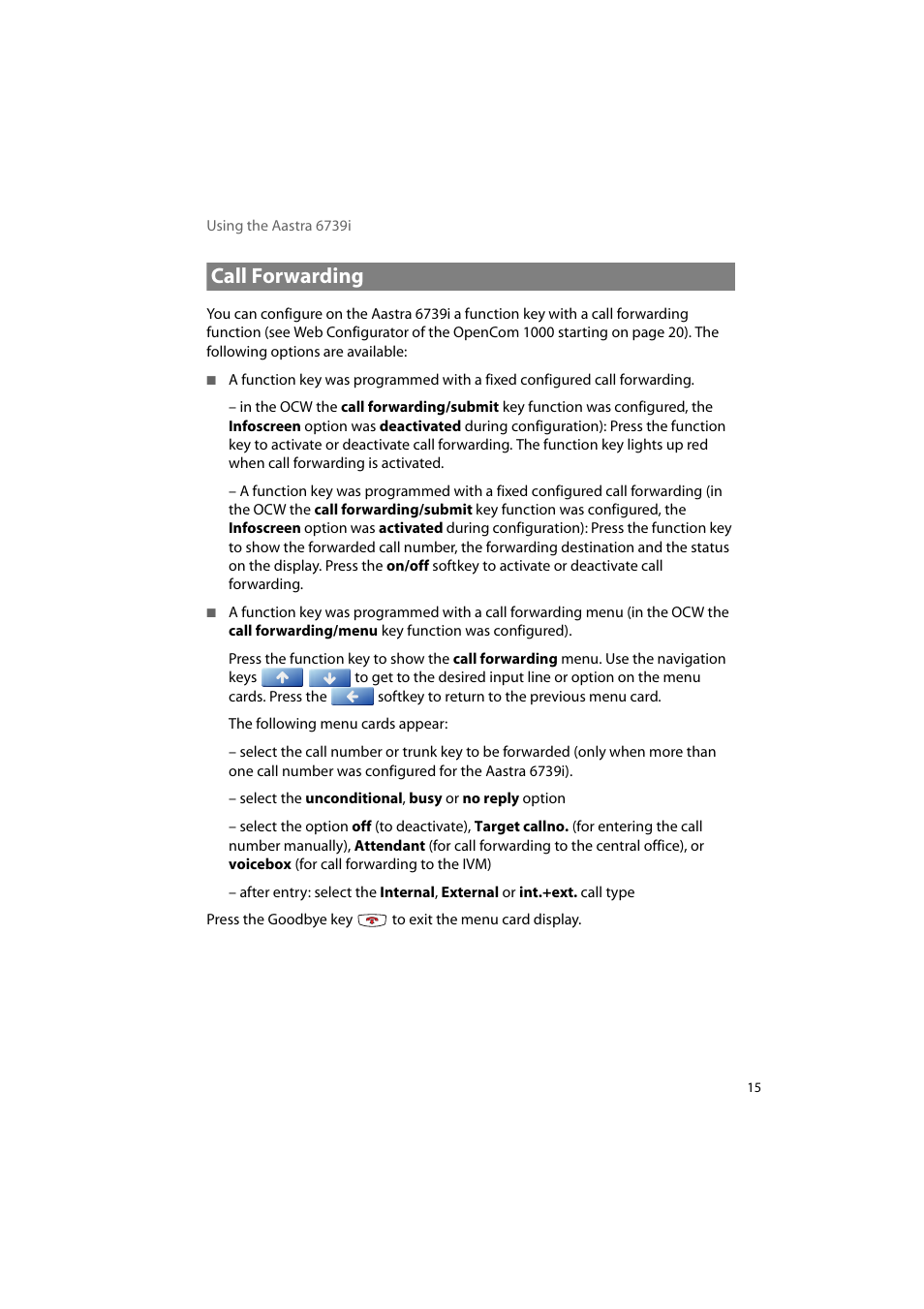 Call forwarding | AASTRA 6739i for OpenCom 1000 User Guide EN User Manual | Page 19 / 40