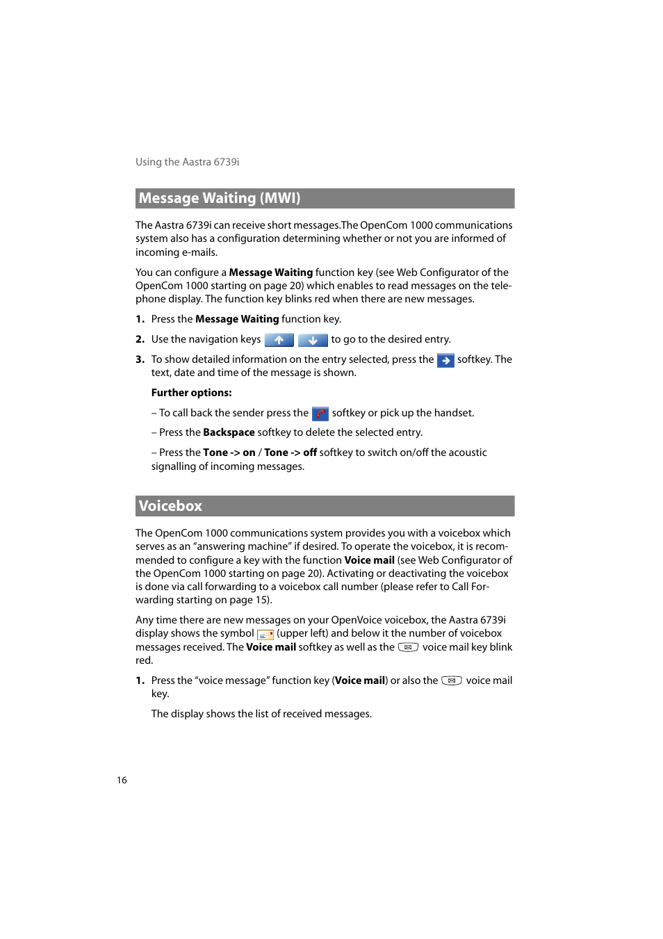 Message waiting (mwi), Voicebox, Message waiting (mwi) voicebox | AASTRA 6739i for OpenCom 1000 User Guide EN User Manual | Page 20 / 40