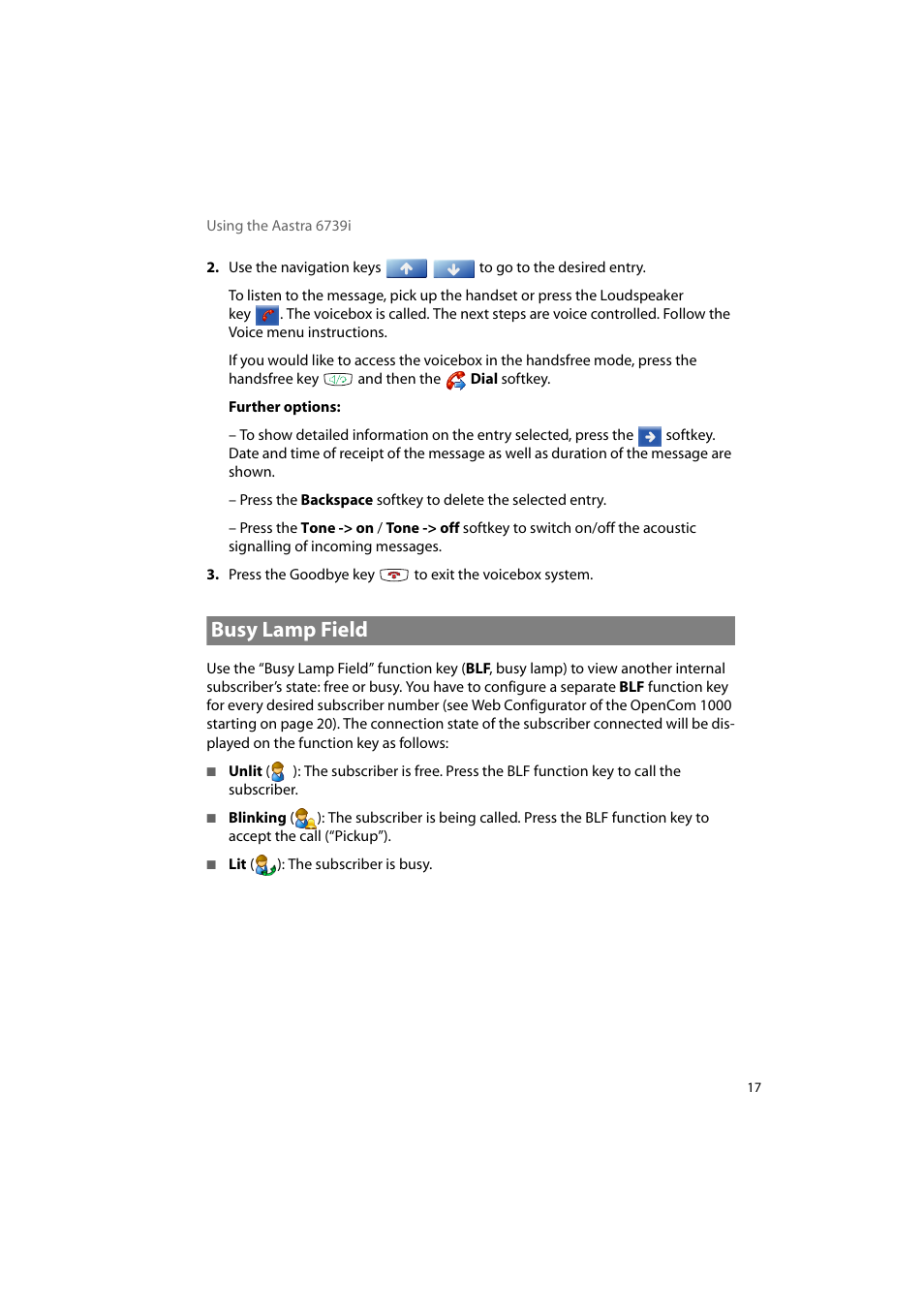 Busy lamp field | AASTRA 6739i for OpenCom 1000 User Guide EN User Manual | Page 21 / 40