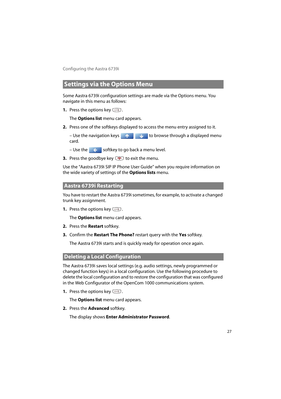Settings via the options menu, Aastra 6739i restarting, Deleting a local configuration | AASTRA 6739i for OpenCom 1000 User Guide EN User Manual | Page 31 / 40