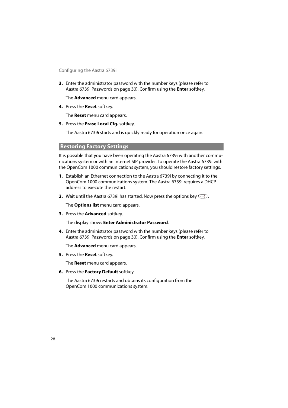 Restoring factory settings | AASTRA 6739i for OpenCom 1000 User Guide EN User Manual | Page 32 / 40