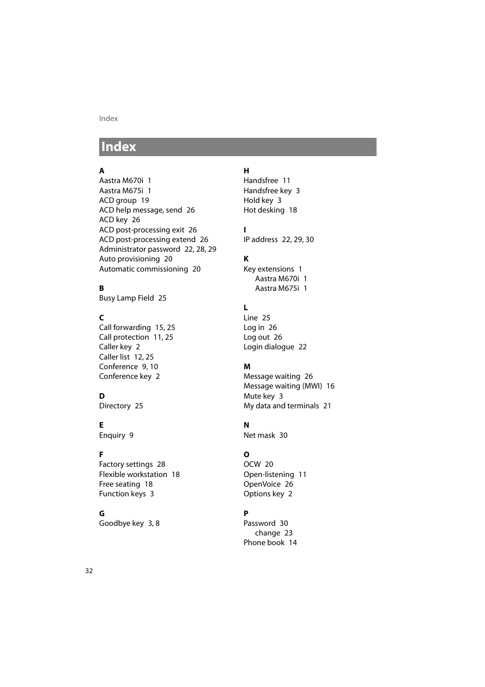 Index | AASTRA 6739i for OpenCom 1000 User Guide EN User Manual | Page 36 / 40