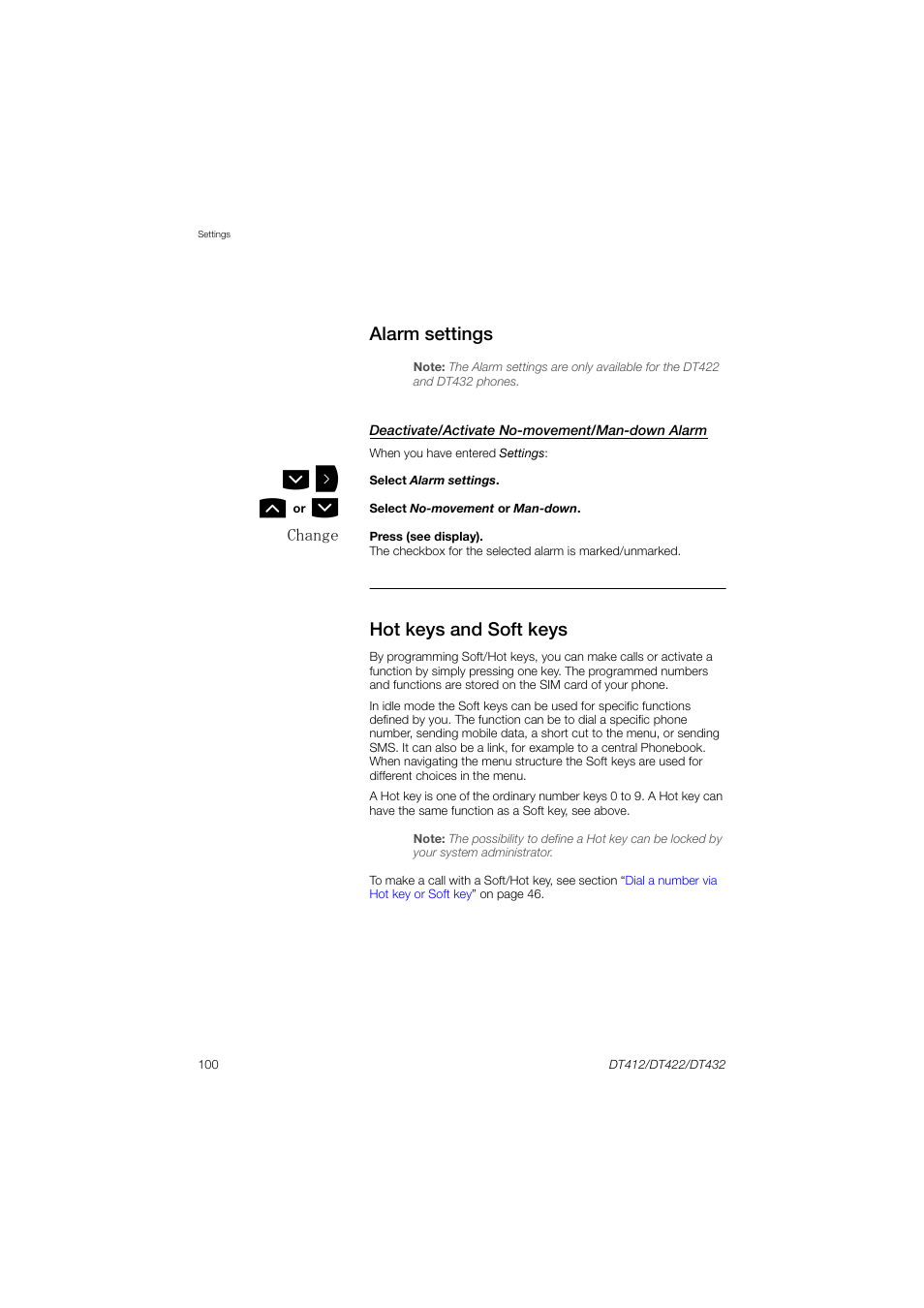 Alarm settings, Hot keys and soft keys, Ection | Hot keys and soft, Keys, Ions, E section | AASTRA DT4x2 for MX-ONE User Guide EN User Manual | Page 100 / 133