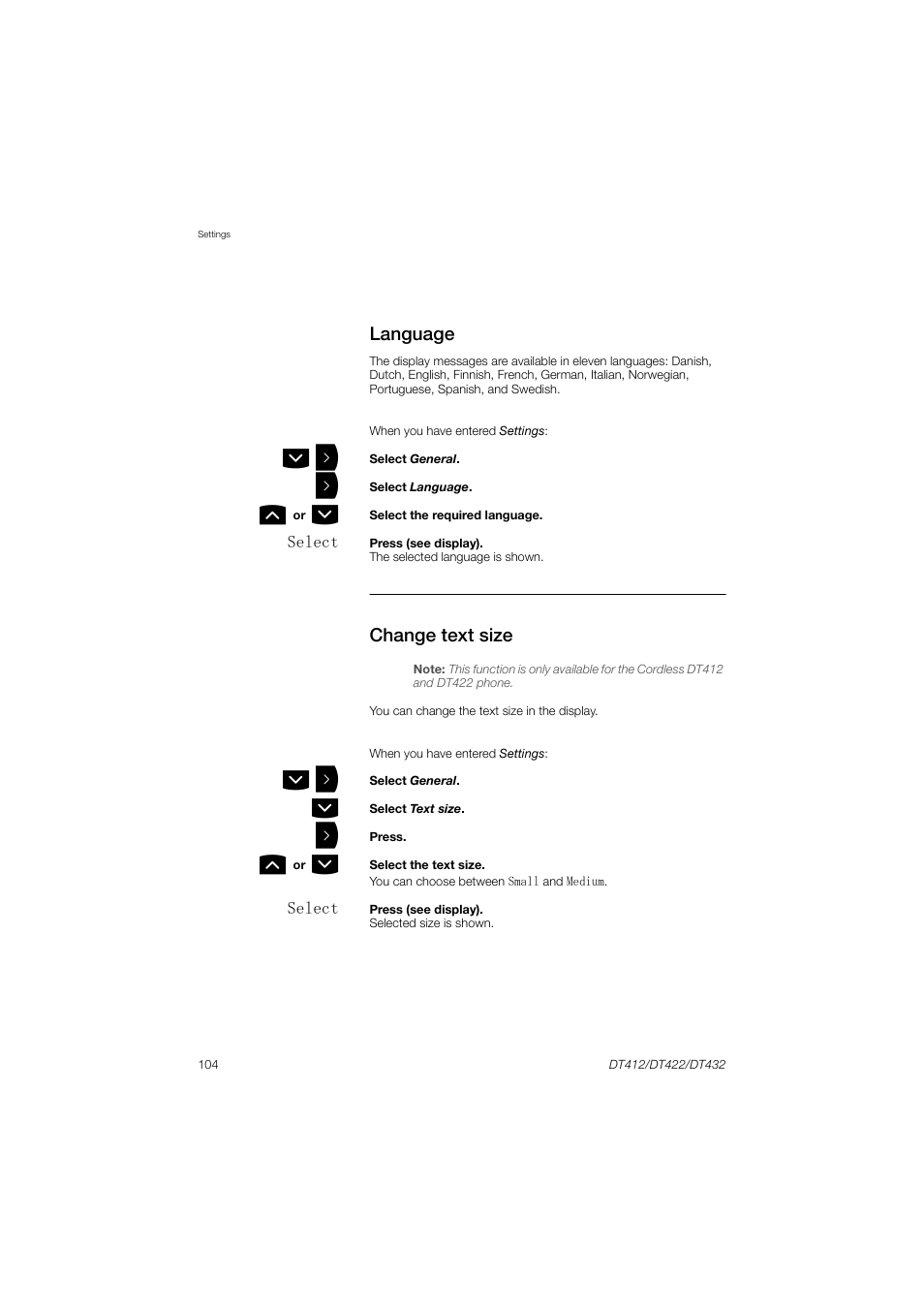 Language, Change text size | AASTRA DT4x2 for MX-ONE User Guide EN User Manual | Page 104 / 133