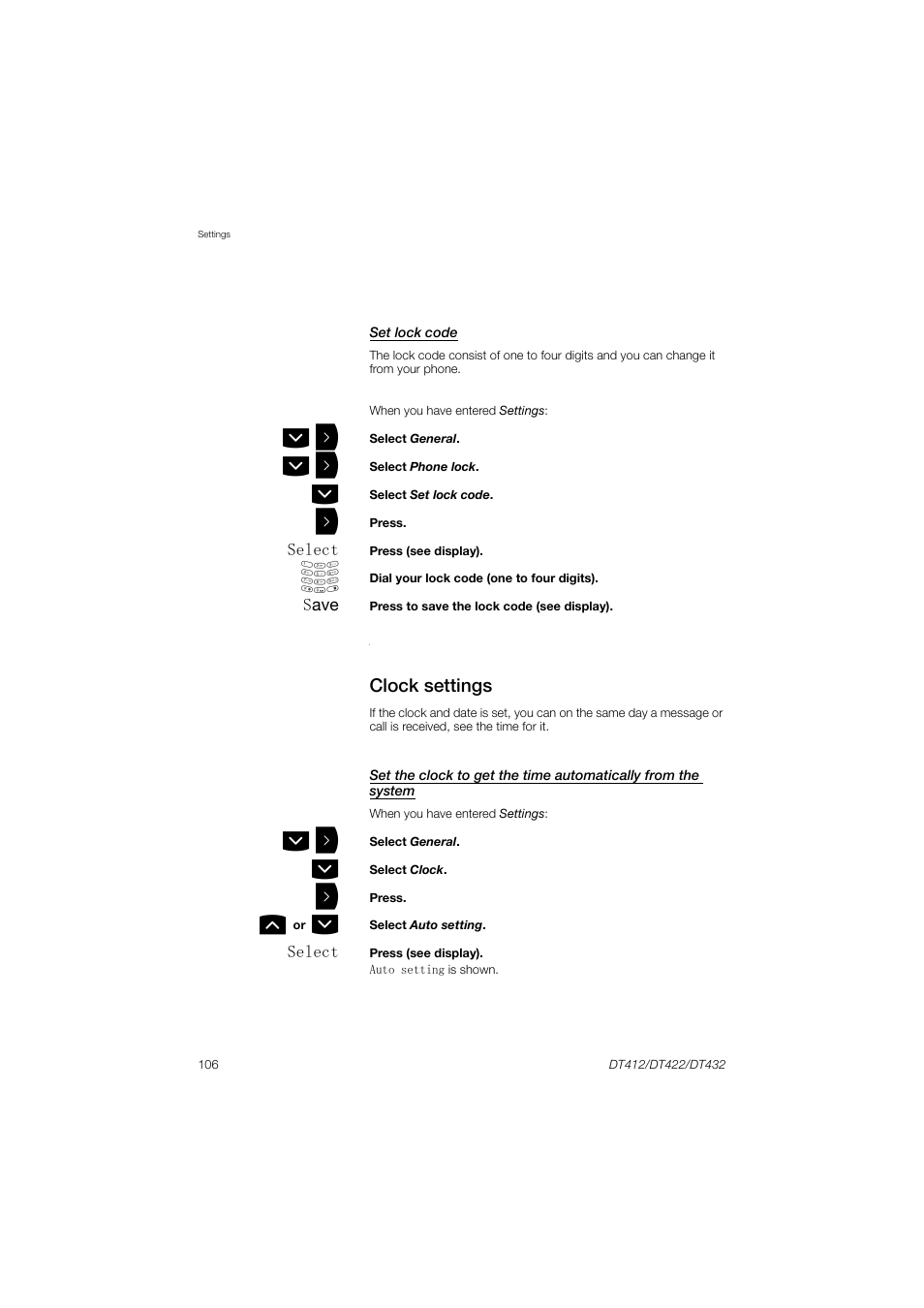 Clock settings, Ction, Clock | Settings | AASTRA DT4x2 for MX-ONE User Guide EN User Manual | Page 106 / 133