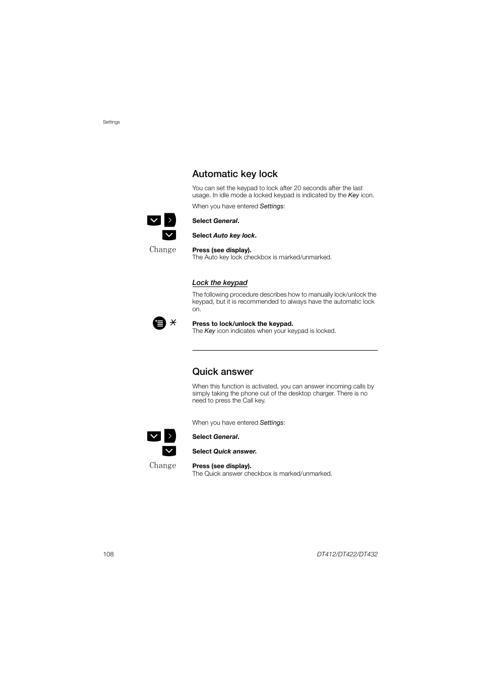 Automatic key lock, Quick answer, Ction | Automatic key, Lock | AASTRA DT4x2 for MX-ONE User Guide EN User Manual | Page 108 / 133