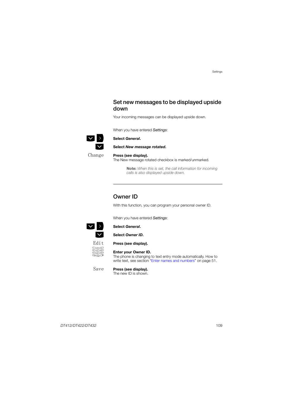 Set new messages to be displayed upside down, Owner id | AASTRA DT4x2 for MX-ONE User Guide EN User Manual | Page 109 / 133