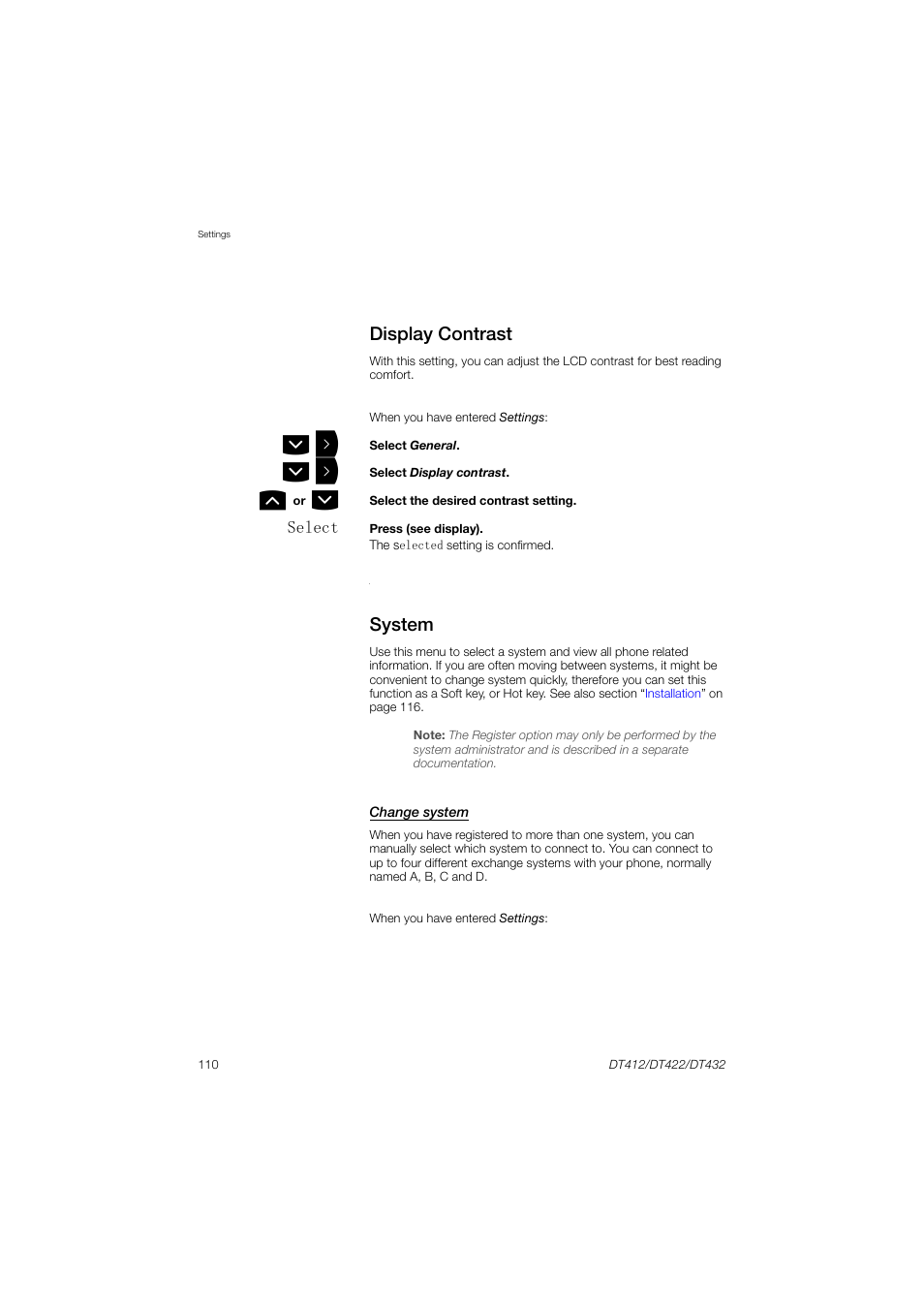 Display contrast, System, Change system | AASTRA DT4x2 for MX-ONE User Guide EN User Manual | Page 110 / 133