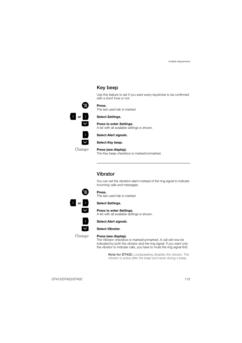 Key beep, Vibrator | AASTRA DT4x2 for MX-ONE User Guide EN User Manual | Page 115 / 133