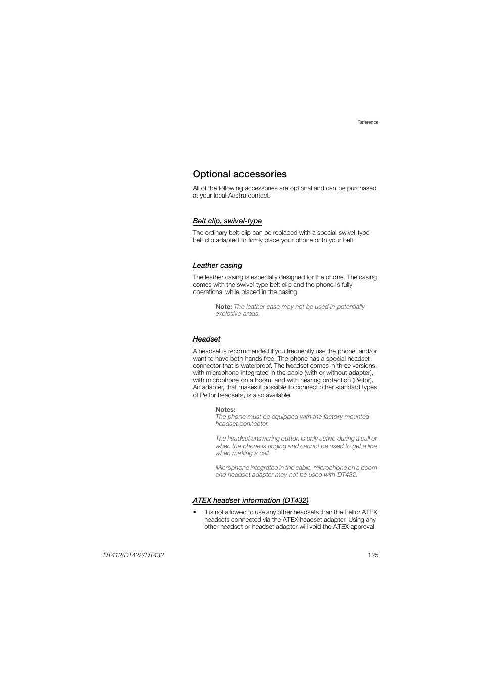 Optional accessories, Headset | AASTRA DT4x2 for MX-ONE User Guide EN User Manual | Page 125 / 133