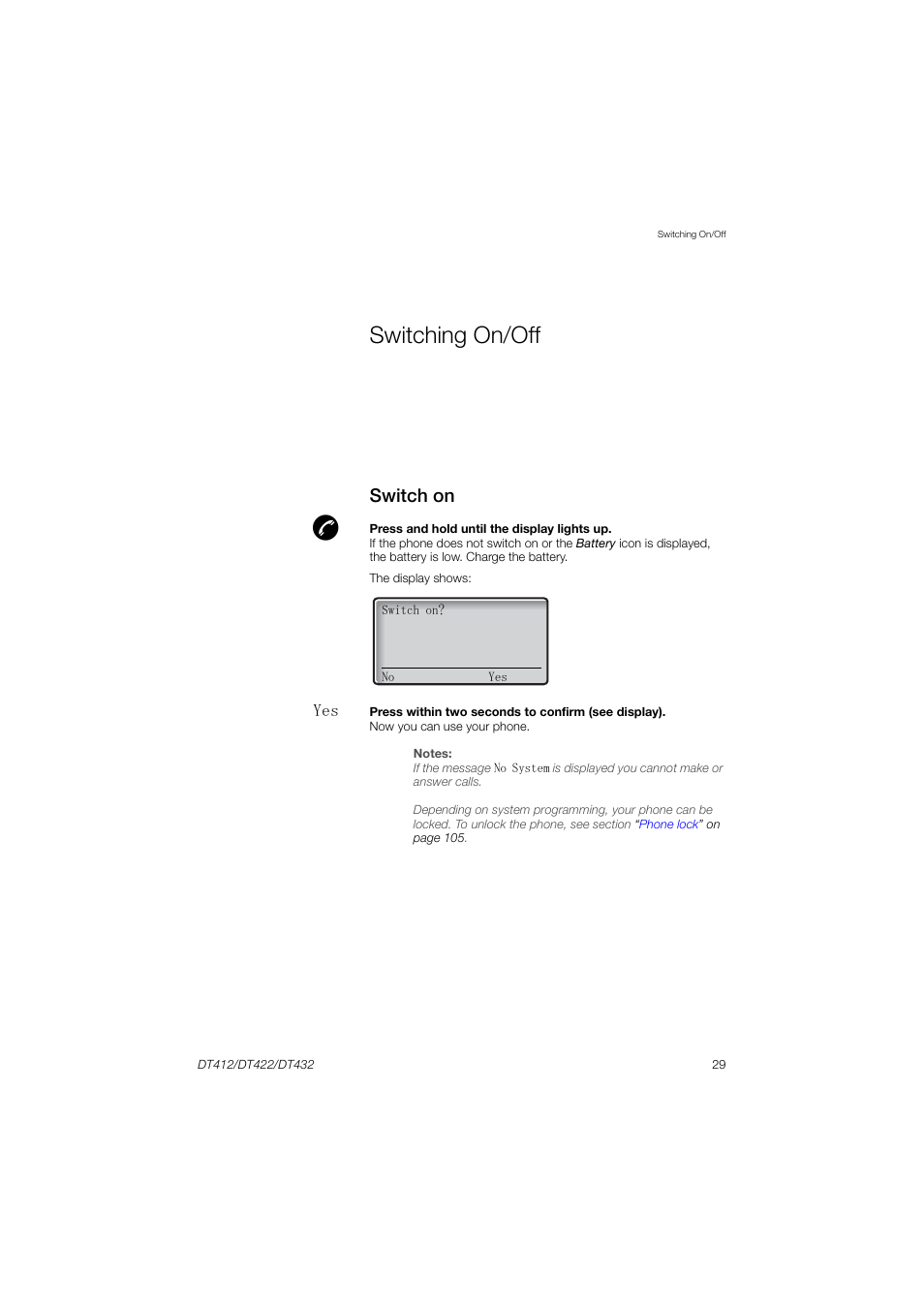 Switching on/off, Switch on | AASTRA DT4x2 for MX-ONE User Guide EN User Manual | Page 29 / 133