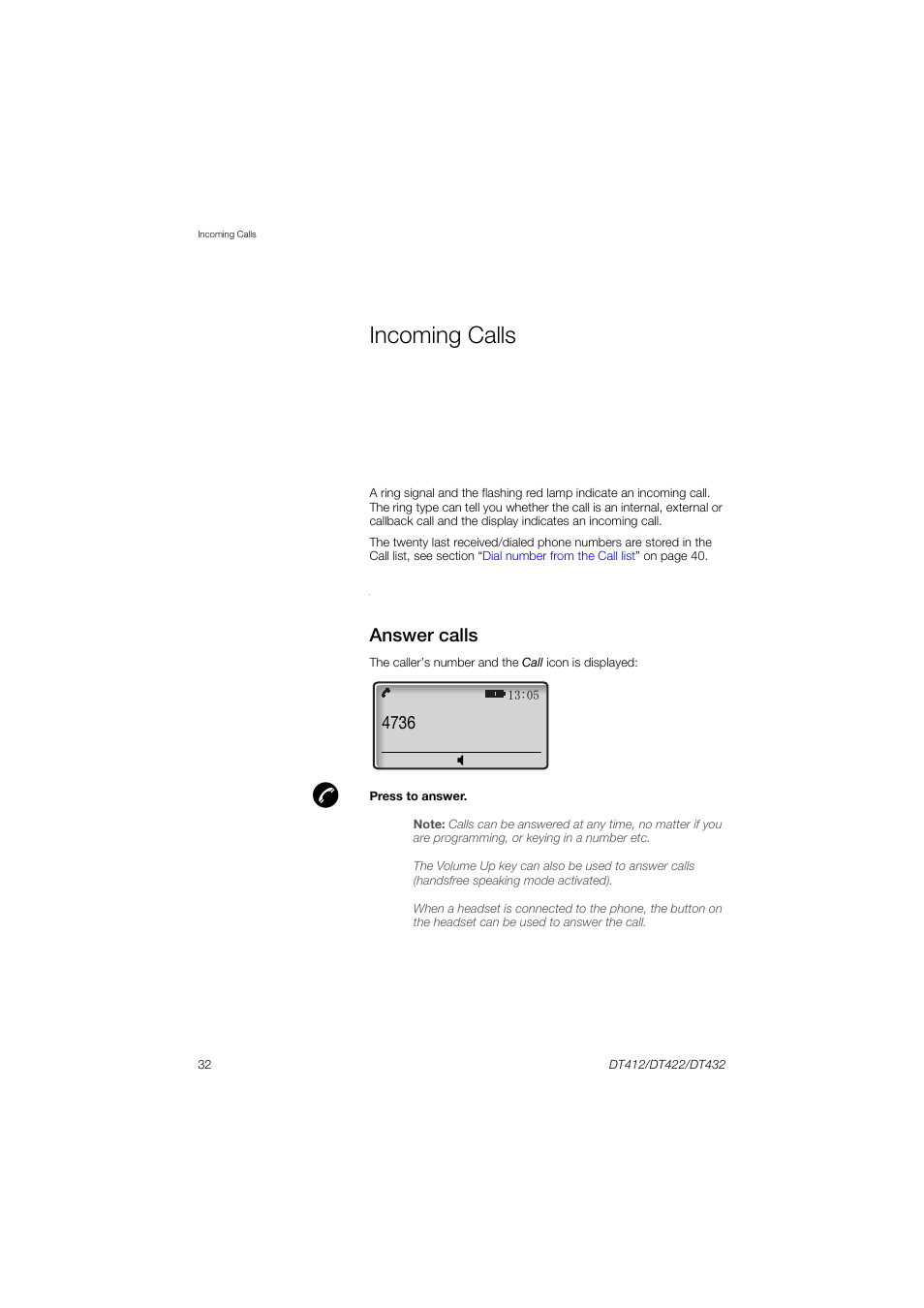 Incoming calls, Answer calls, Ection | AASTRA DT4x2 for MX-ONE User Guide EN User Manual | Page 32 / 133