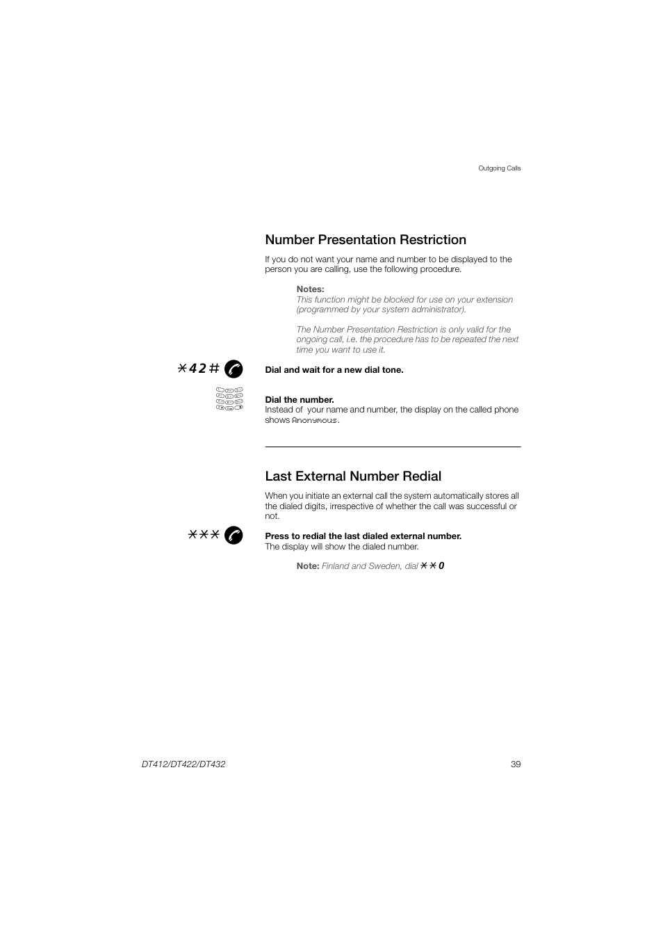 Number presentation restriction, Last external number redial, 42# æ | AASTRA DT4x2 for MX-ONE User Guide EN User Manual | Page 39 / 133