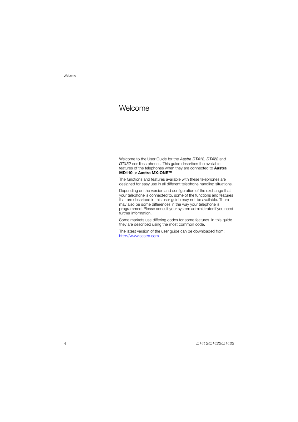 Welcome | AASTRA DT4x2 for MX-ONE User Guide EN User Manual | Page 4 / 133