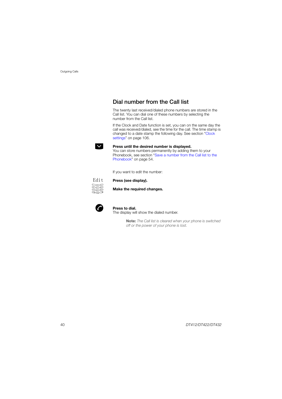 Dial number from the call list, Dial, Number from the call list | AASTRA DT4x2 for MX-ONE User Guide EN User Manual | Page 40 / 133