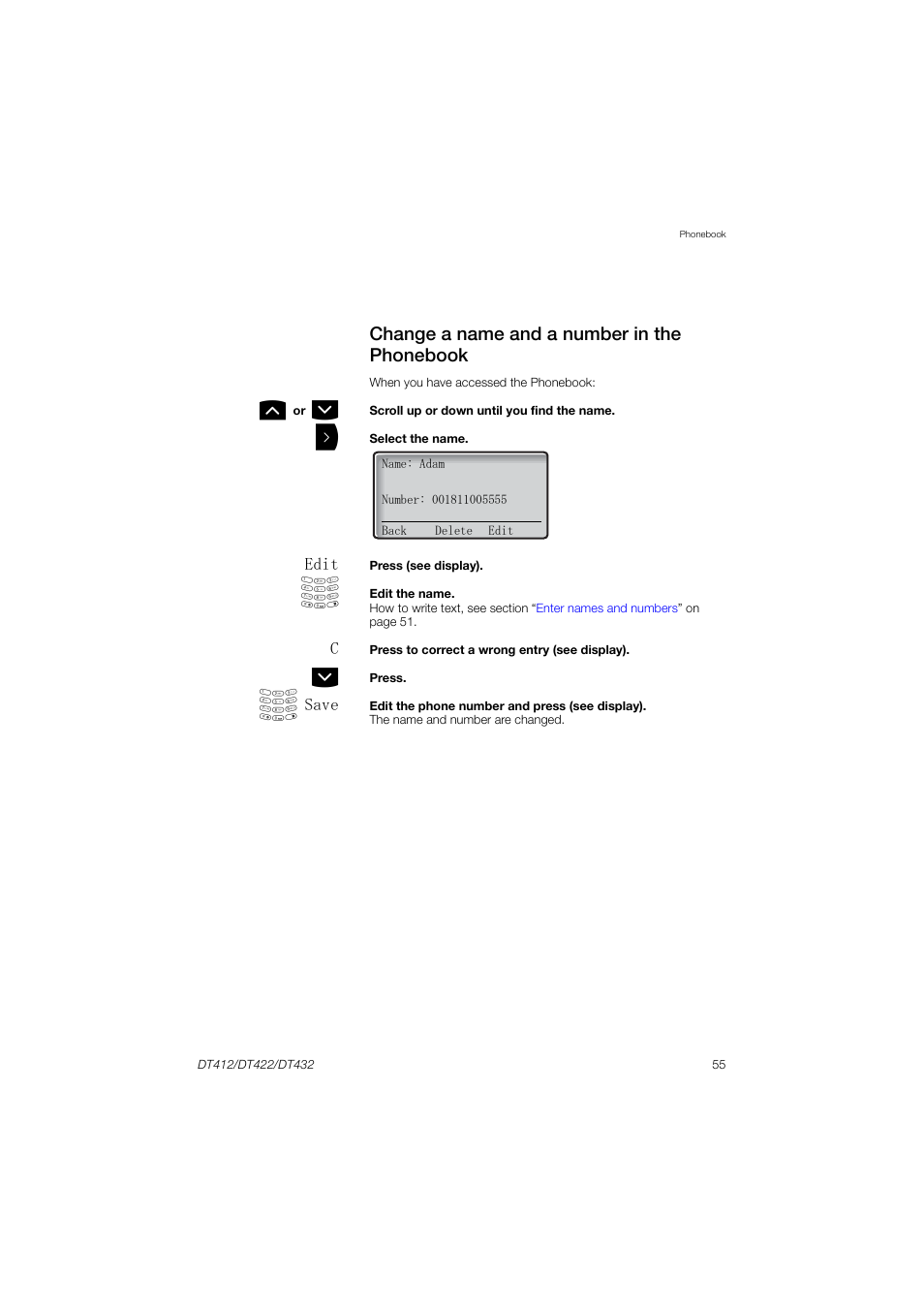 Change a name and a number in the phonebook | AASTRA DT4x2 for MX-ONE User Guide EN User Manual | Page 55 / 133