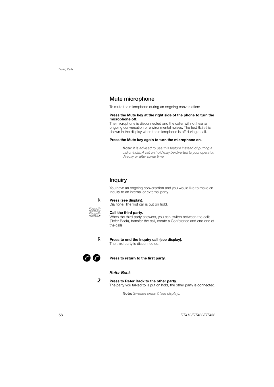 Mute microphone, Inquiry | AASTRA DT4x2 for MX-ONE User Guide EN User Manual | Page 58 / 133
