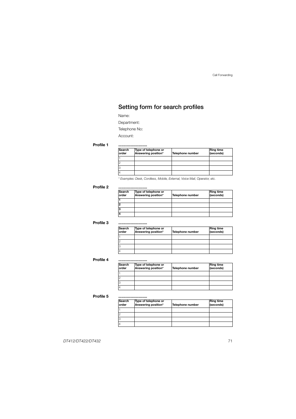 Setting form for search profiles | AASTRA DT4x2 for MX-ONE User Guide EN User Manual | Page 71 / 133