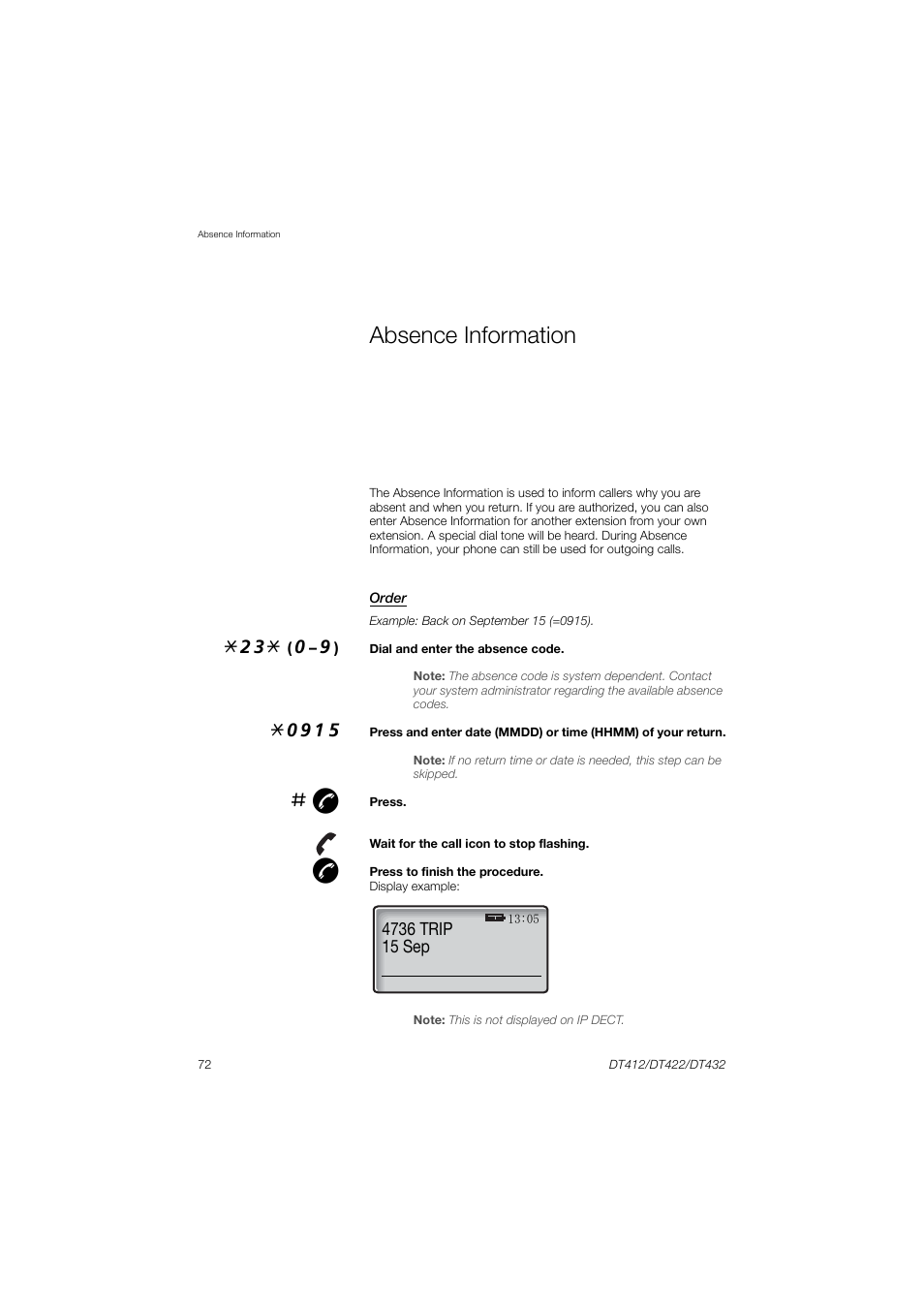 Absence information | AASTRA DT4x2 for MX-ONE User Guide EN User Manual | Page 72 / 133