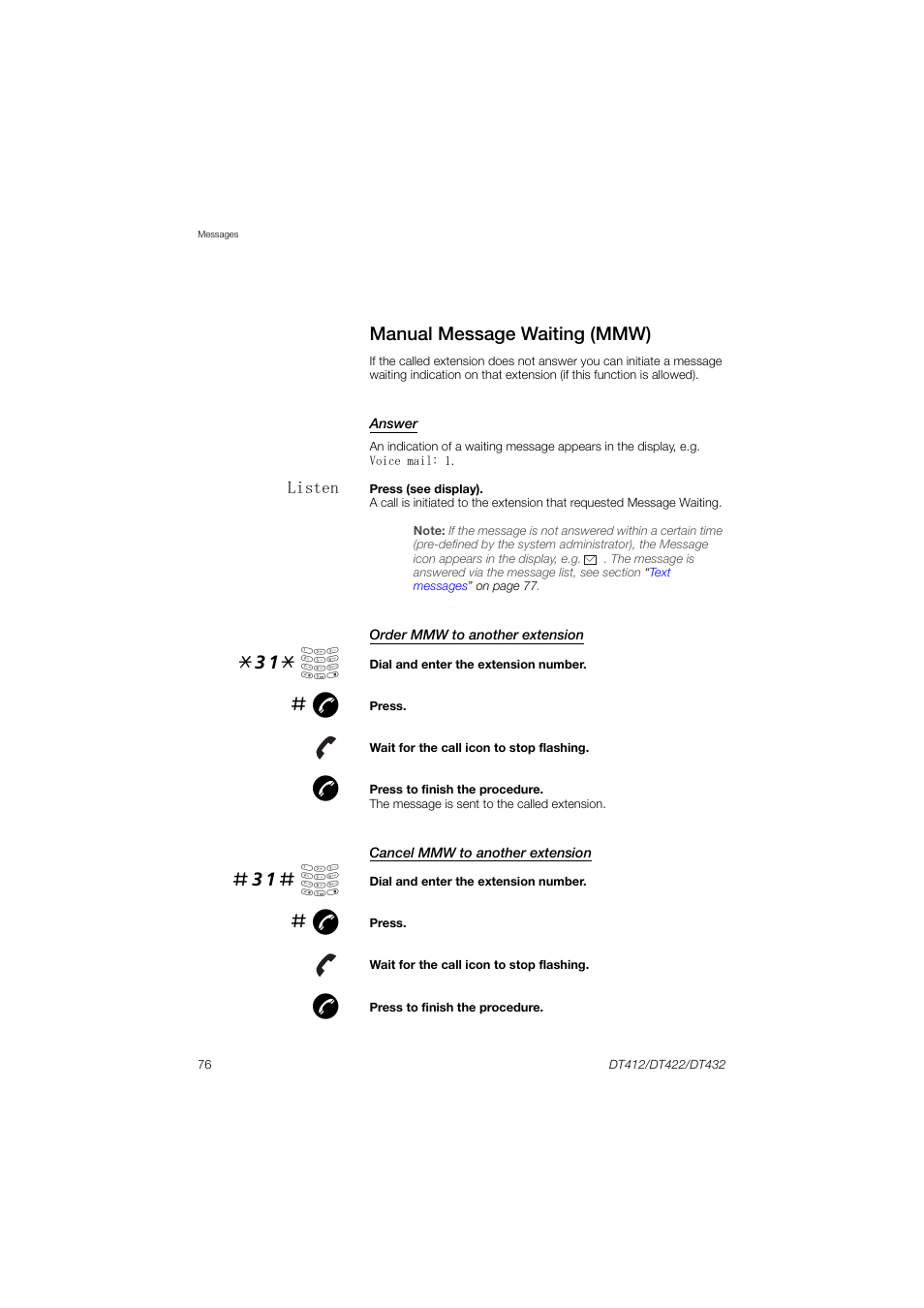 Manual message waiting (mmw), 31* å, 31# å | AASTRA DT4x2 for MX-ONE User Guide EN User Manual | Page 76 / 133