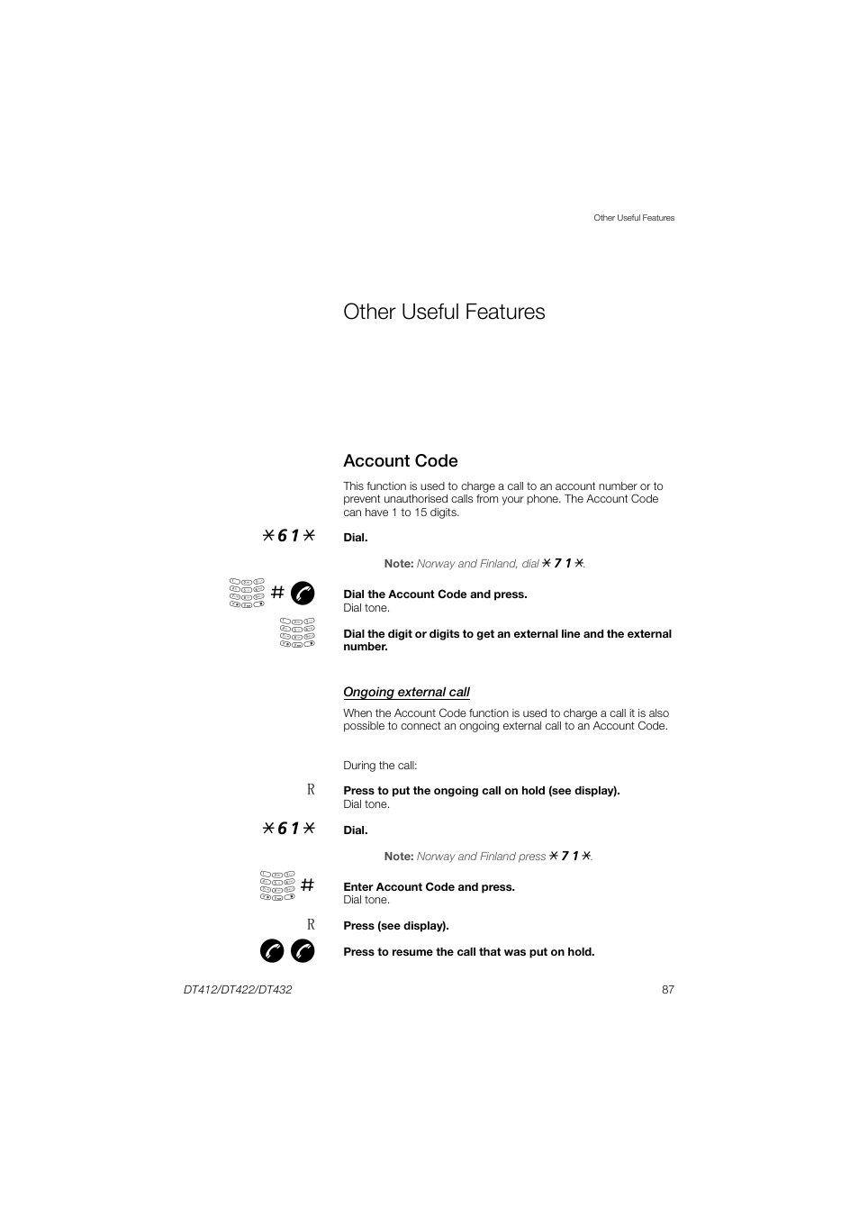 Other useful features, Account code, Е # ж | AASTRA DT4x2 for MX-ONE User Guide EN User Manual | Page 87 / 133