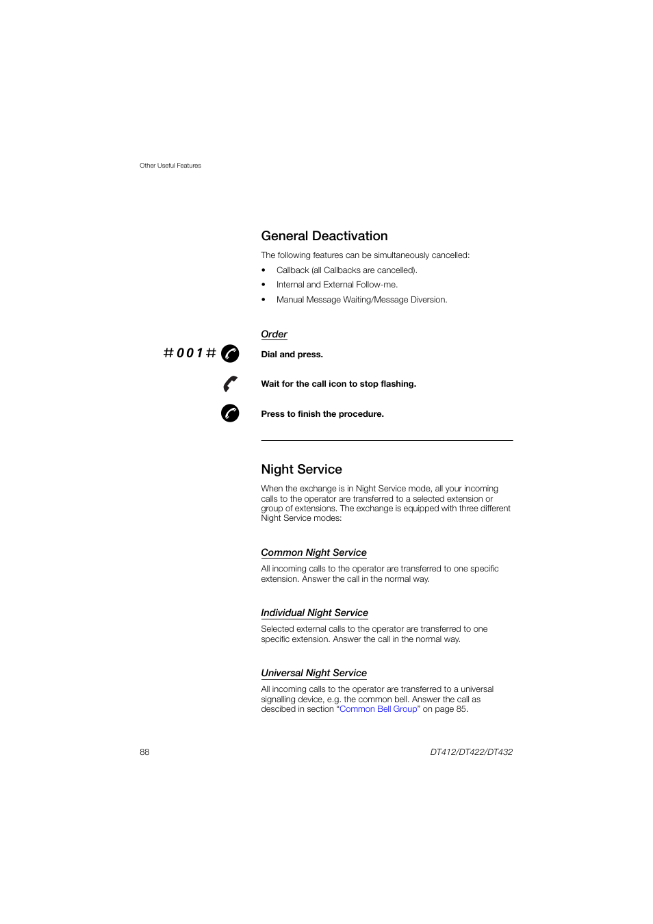 General deactivation, Night service, 001# æ | AASTRA DT4x2 for MX-ONE User Guide EN User Manual | Page 88 / 133