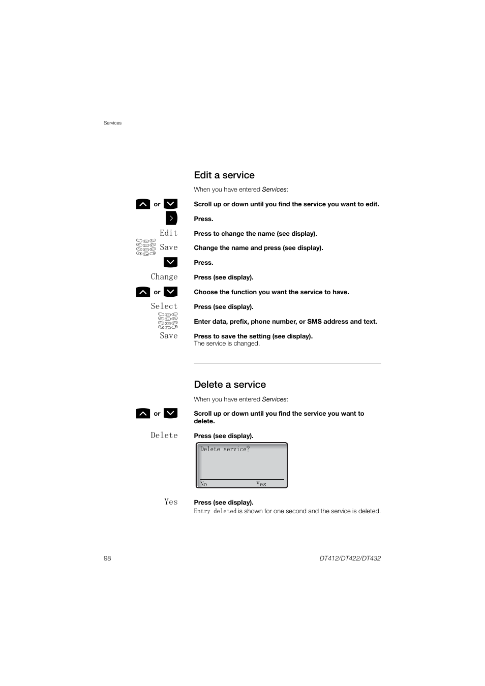 Edit a service, Delete a service | AASTRA DT4x2 for MX-ONE User Guide EN User Manual | Page 98 / 133