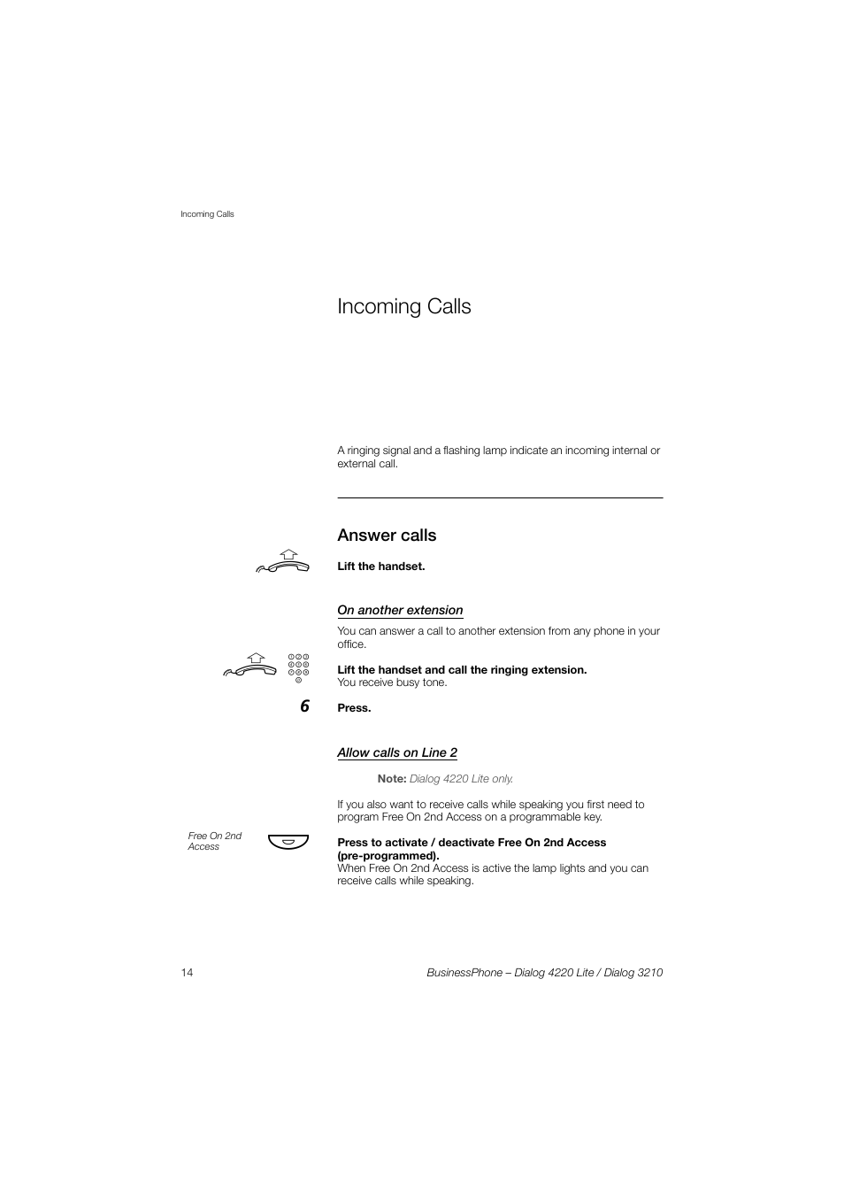 Incoming calls, Answer calls, On another extension | Allow calls on line 2 | AASTRA 4220 Lite for BusinessPhone User Guide EN User Manual | Page 14 / 100