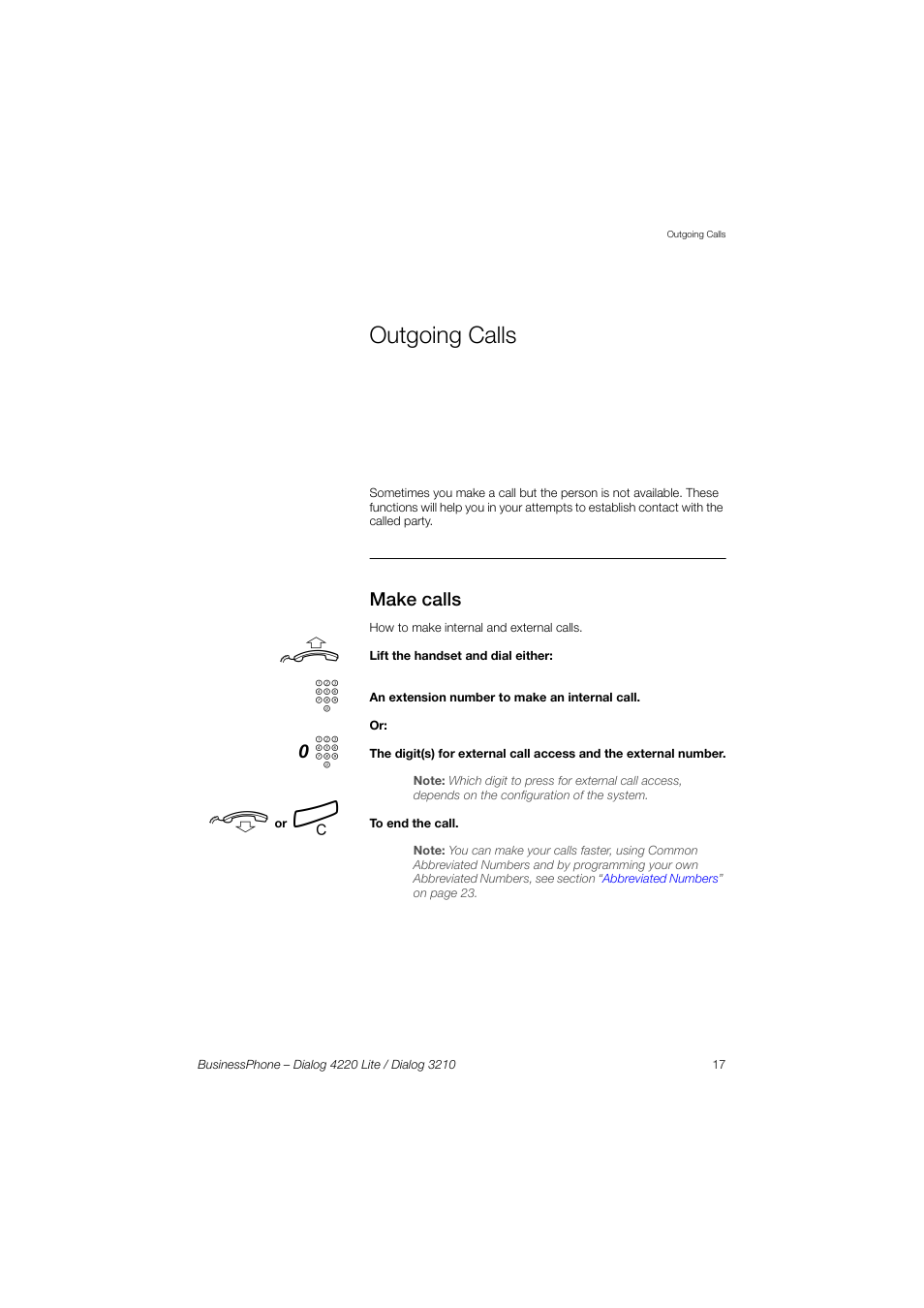 Outgoing calls, Make calls, Ction | AASTRA 4220 Lite for BusinessPhone User Guide EN User Manual | Page 17 / 100