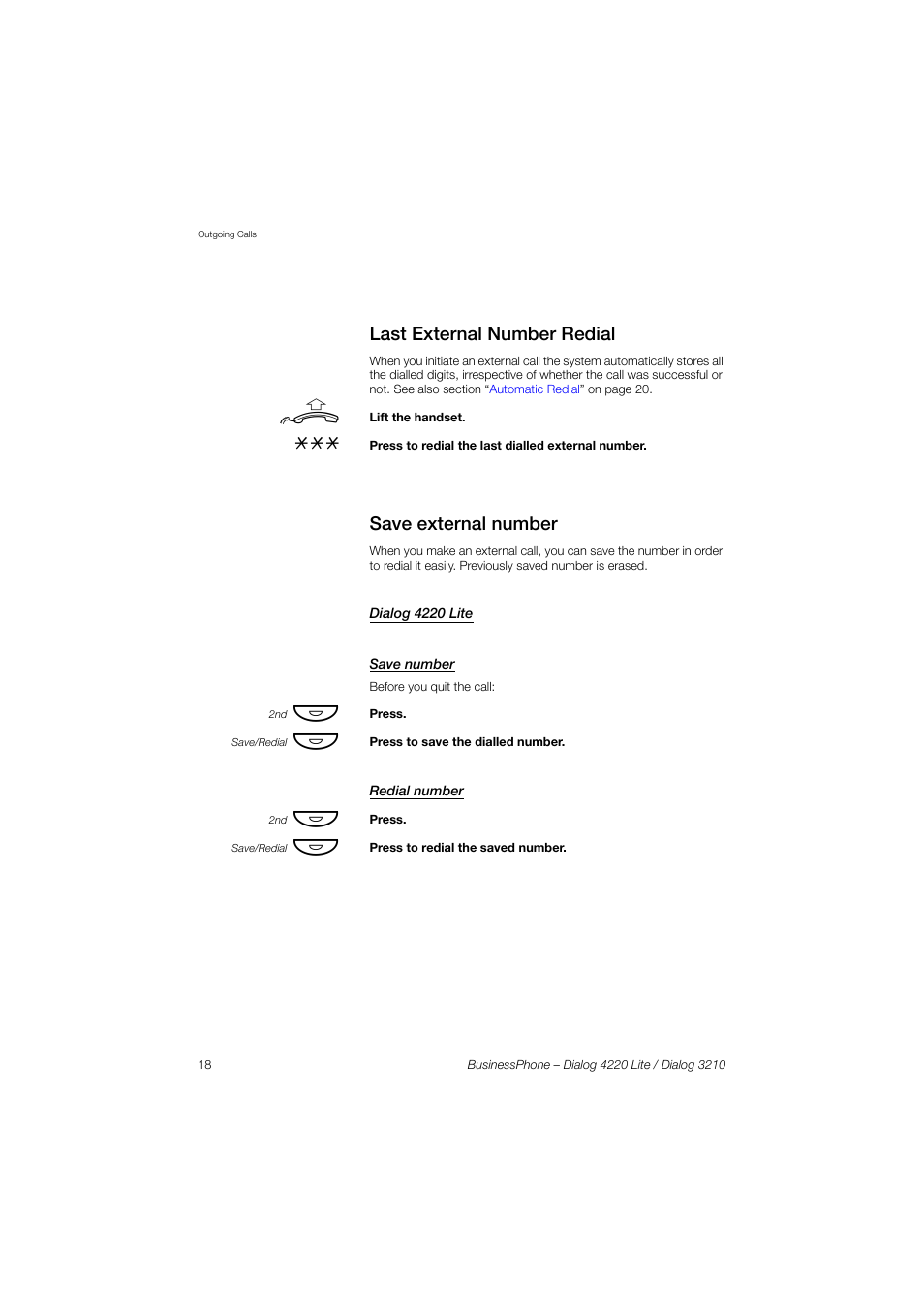 Last external number redial, Save external number, Dialog 4220 lite | Save number, Redial number | AASTRA 4220 Lite for BusinessPhone User Guide EN User Manual | Page 18 / 100