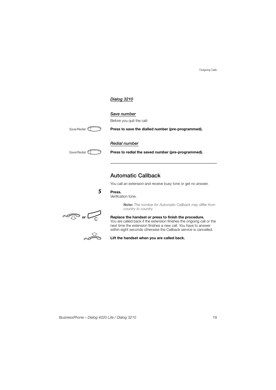 Dialog 3210, Save number, Redial number | Automatic callback | AASTRA 4220 Lite for BusinessPhone User Guide EN User Manual | Page 19 / 100