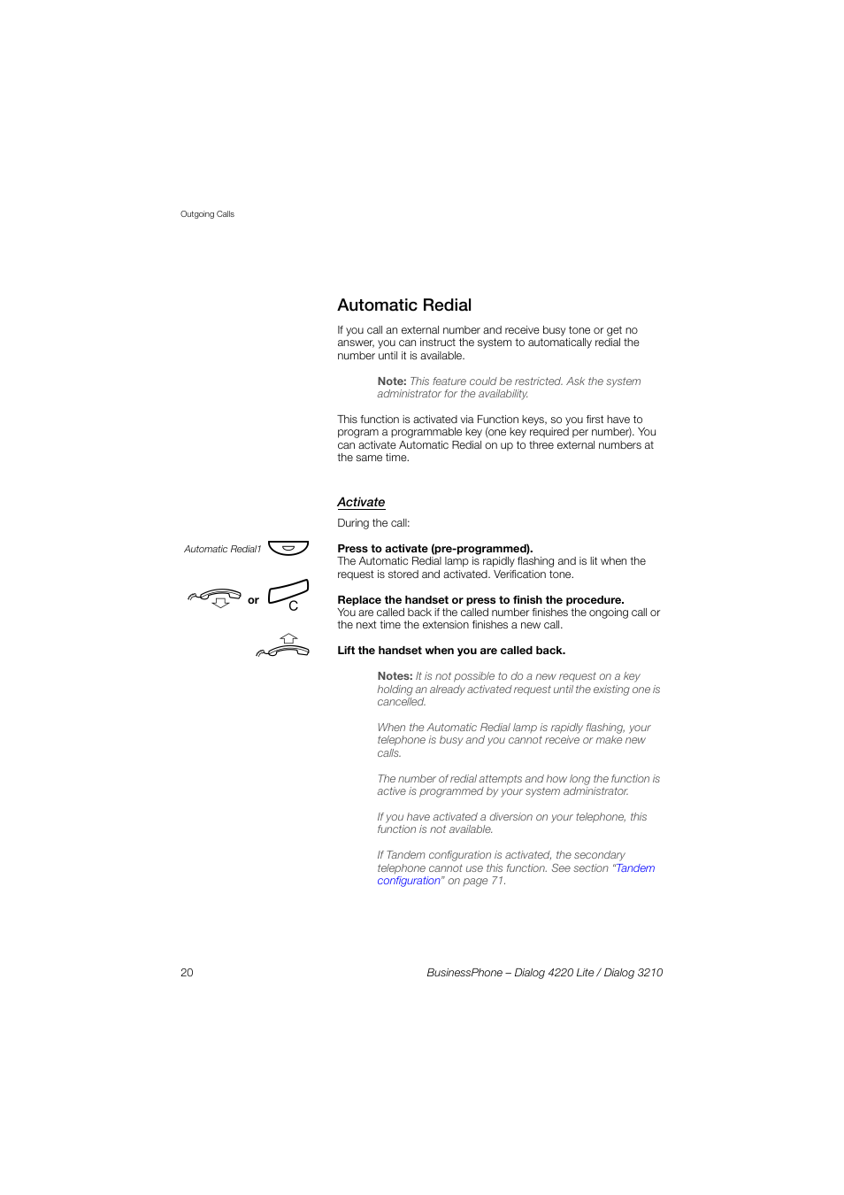 Automatic redial, Activate | AASTRA 4220 Lite for BusinessPhone User Guide EN User Manual | Page 20 / 100