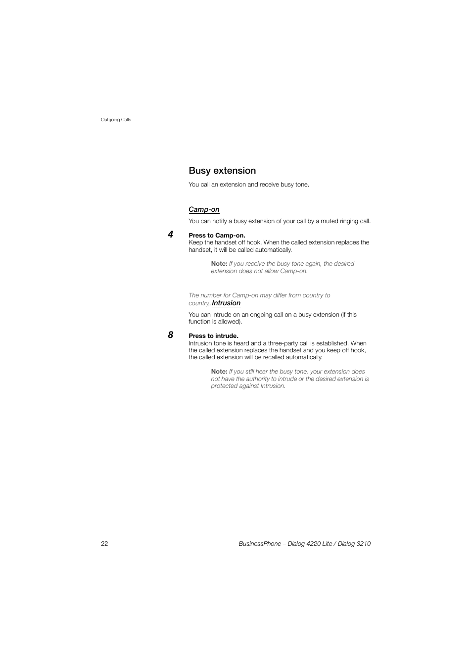 Busy extension, Camp-on | AASTRA 4220 Lite for BusinessPhone User Guide EN User Manual | Page 22 / 100