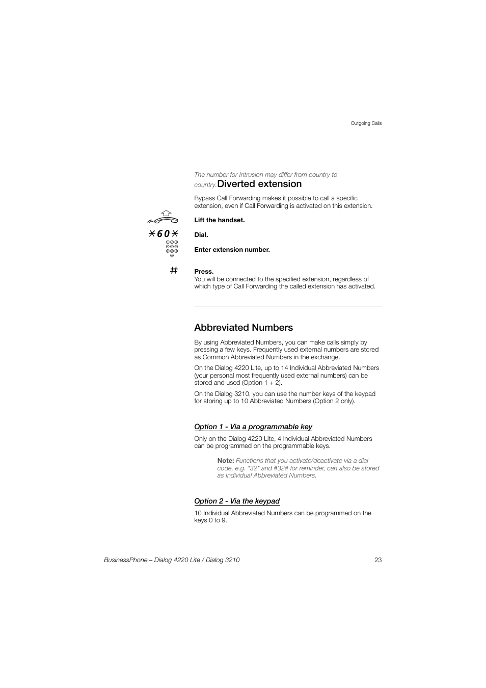 Abbreviated numbers, Option 1 - via a programmable key, Option 2 - via the keypad | AASTRA 4220 Lite for BusinessPhone User Guide EN User Manual | Page 23 / 100