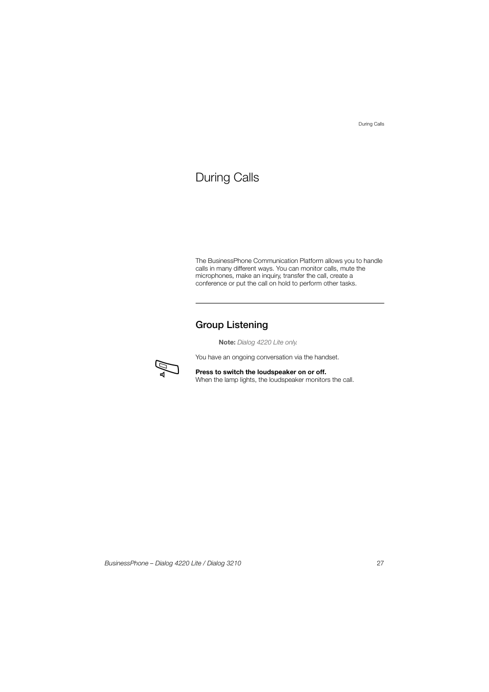 During calls, Group listening, Ongoing call. see section | Ction, Ection | AASTRA 4220 Lite for BusinessPhone User Guide EN User Manual | Page 27 / 100
