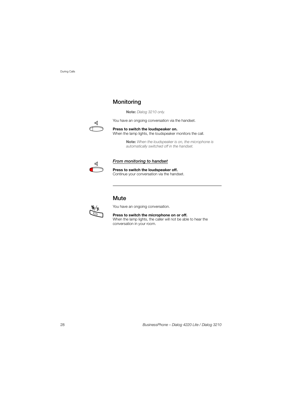 Monitoring, From monitoring to handset, Mute | AASTRA 4220 Lite for BusinessPhone User Guide EN User Manual | Page 28 / 100