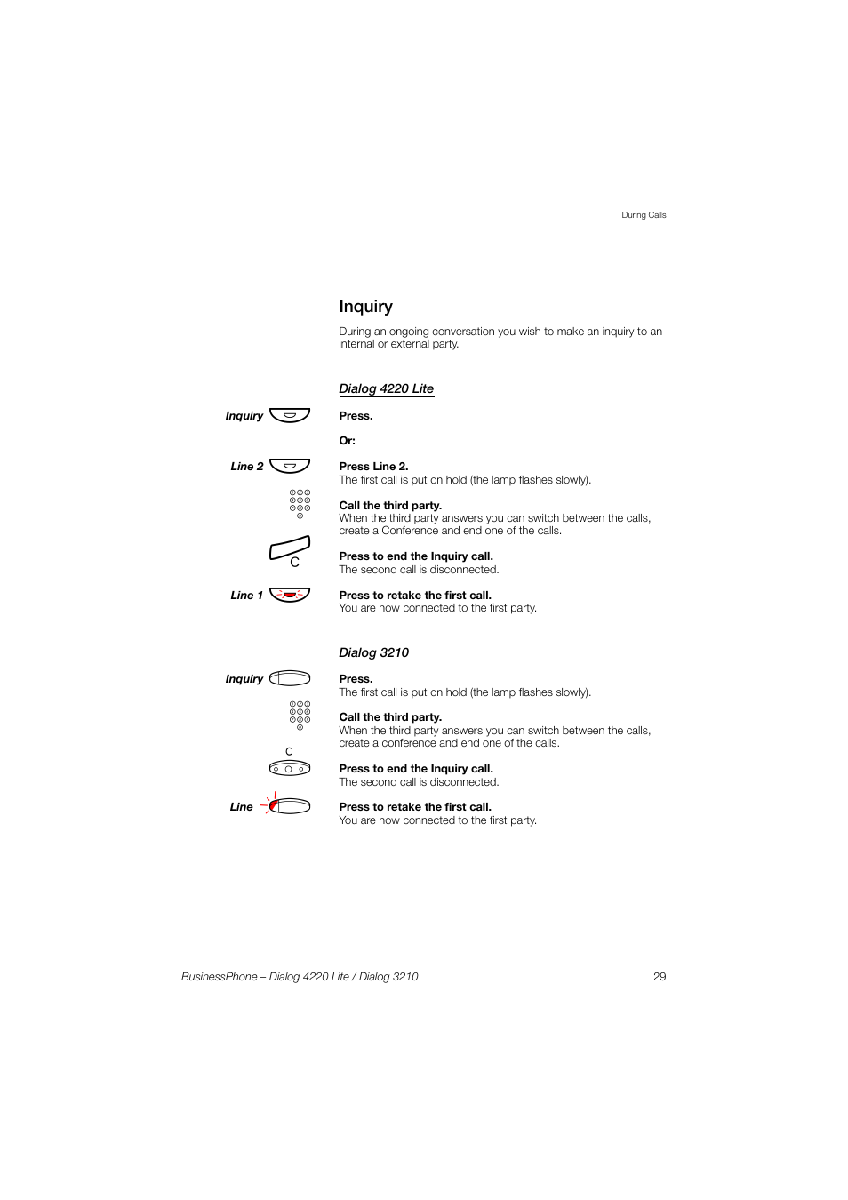 Inquiry, Dialog 4220 lite, Dialog 3210 | AASTRA 4220 Lite for BusinessPhone User Guide EN User Manual | Page 29 / 100