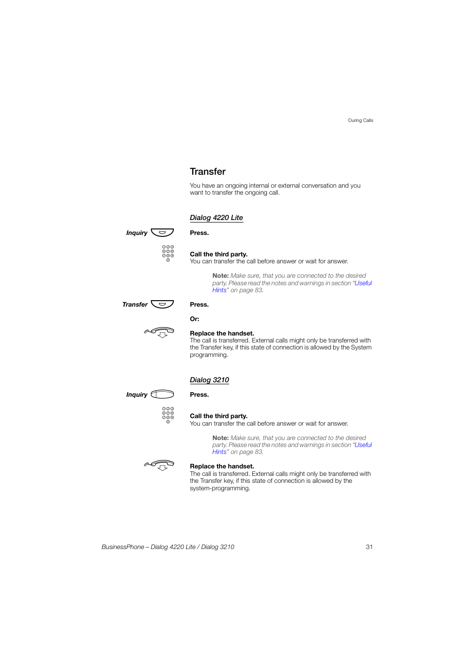 Transfer, Dialog 4220 lite, Dialog 3210 | AASTRA 4220 Lite for BusinessPhone User Guide EN User Manual | Page 31 / 100